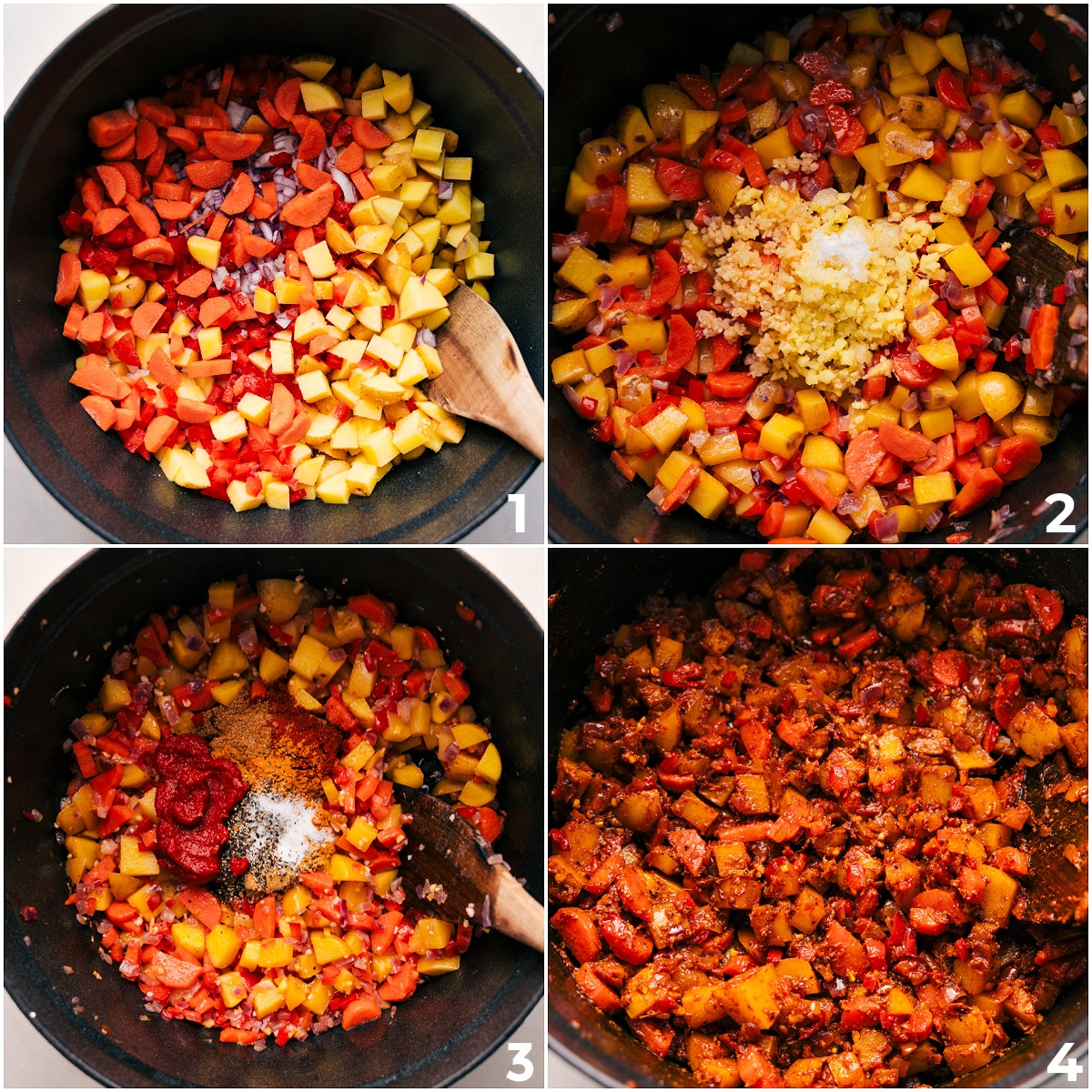 Veggies sautéing in the pot, then seasonings and tomato paste added for this vegetable masala.