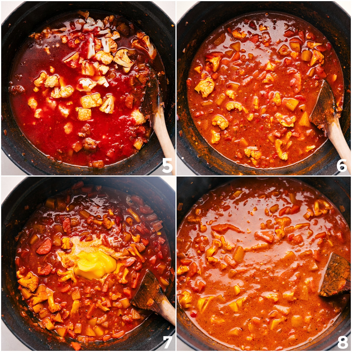 Crushed tomatoes and broth added to the pot, cooking together.