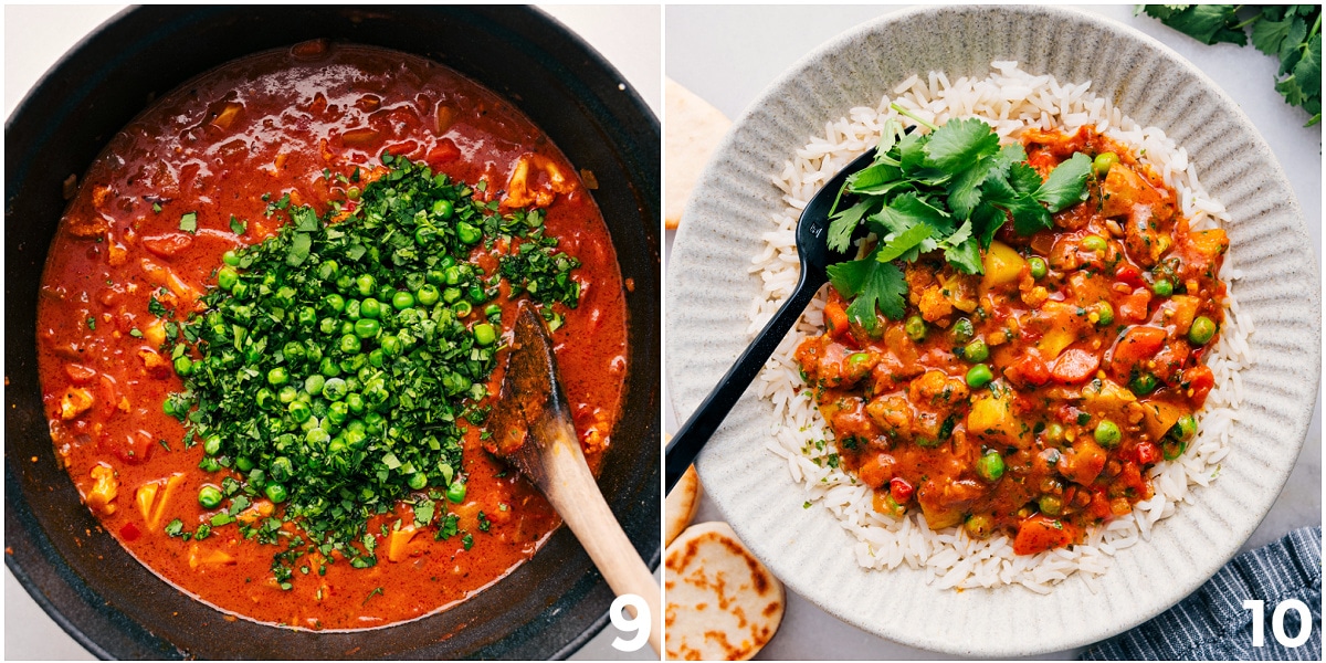 Herbs and peas added to the pot, then the vegetable masala plated and ready to enjoy.