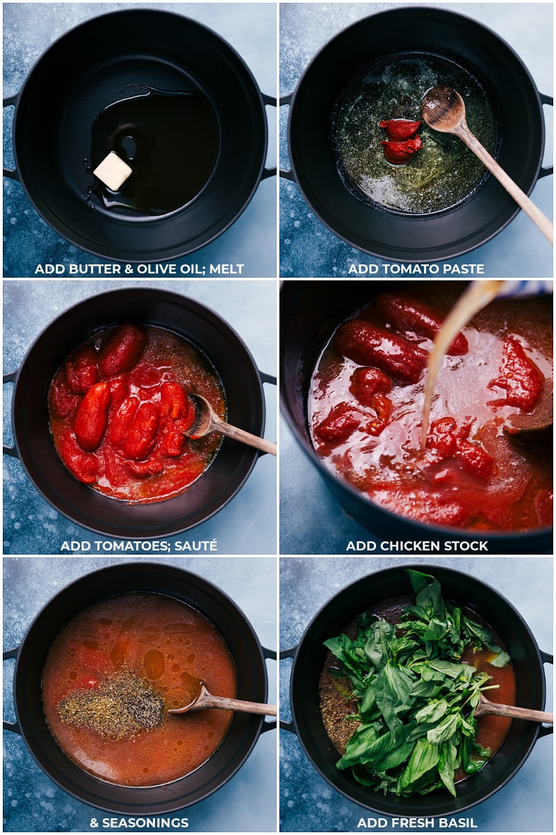 Adding everything to the stock pot for this Tomato Basil Soup.