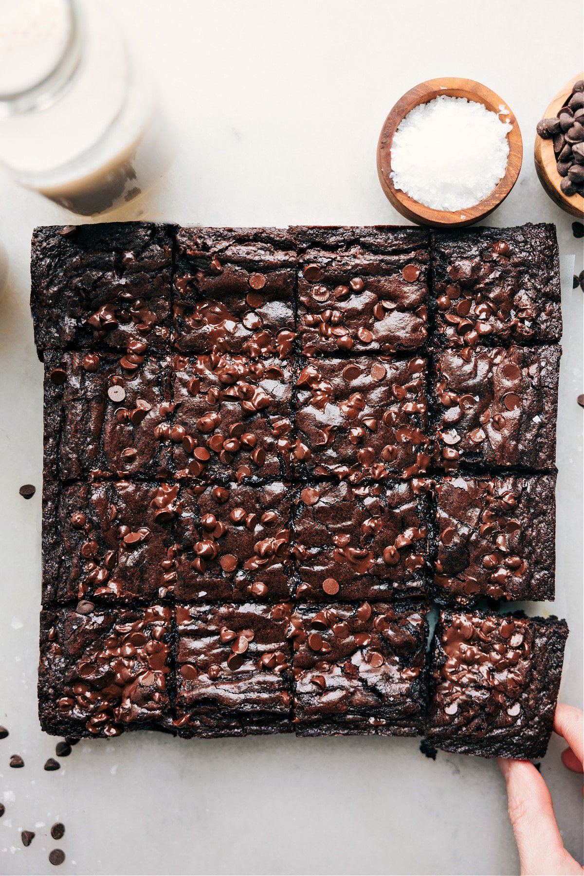 Brownie Recipe: Cut squares topped with mini chocolate chips.