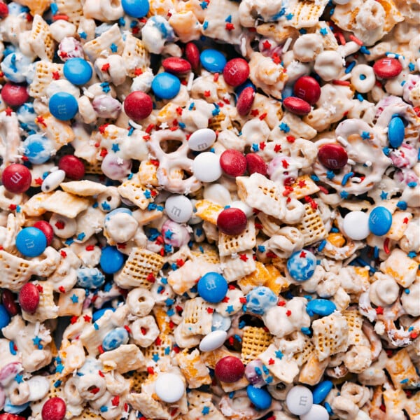 4th of July Snack Mix on a tray ready to be enjoyed.