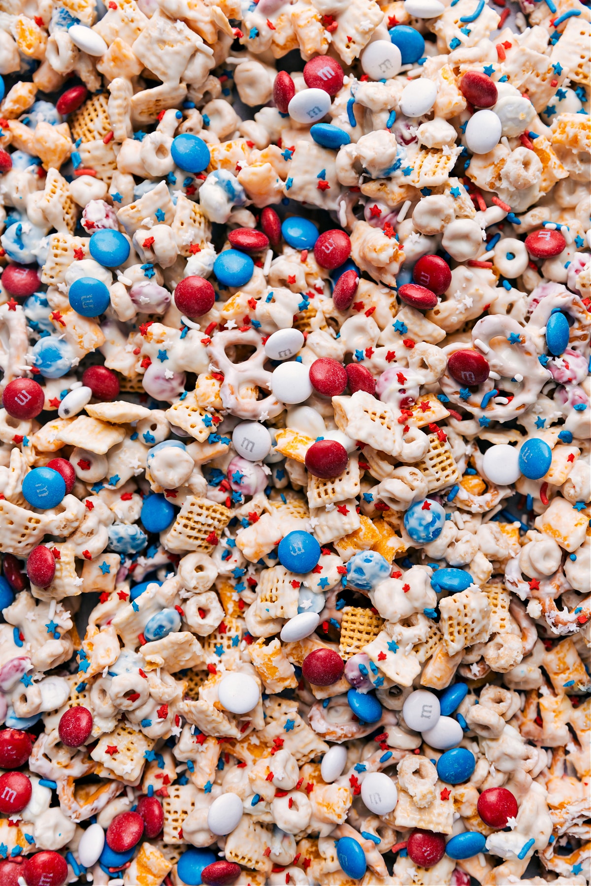 4th of July Snack Mix on a tray ready to be enjoyed.