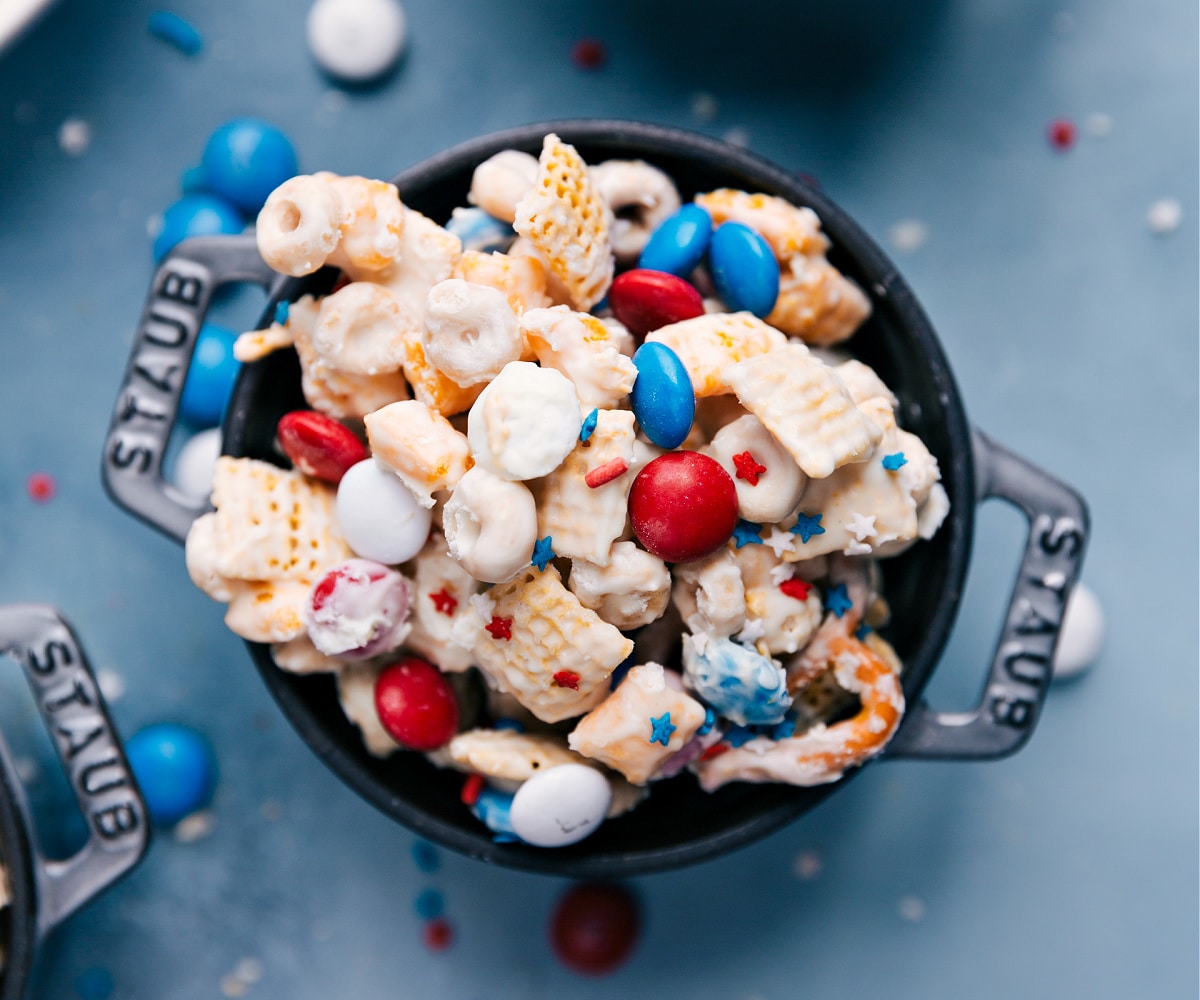 A bowl of the 4th of July snack mix ready to be enjoyed.