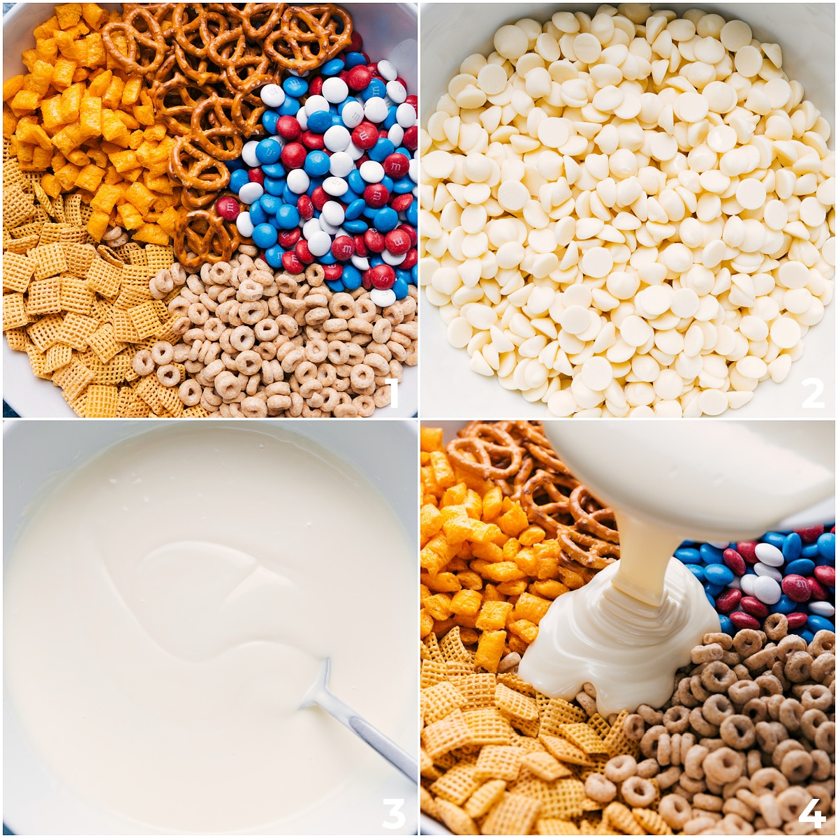 All the ingredients in the 4th of july snack mix assembled in a bowl and the white chocolate being malted and poured over it.