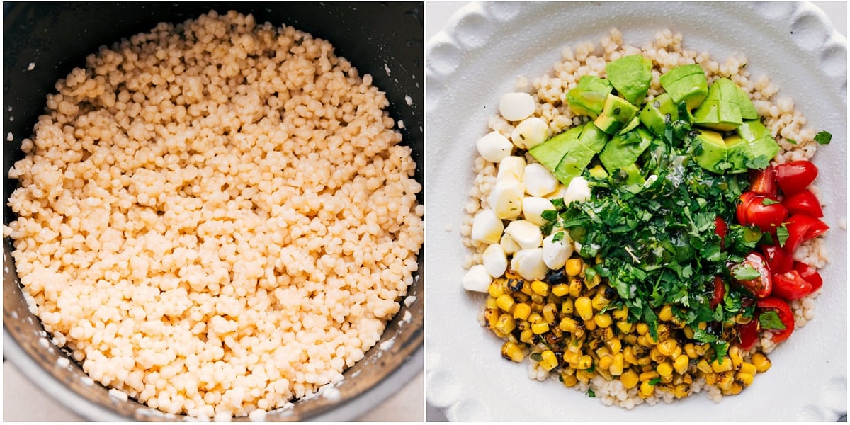 Cooking and fluffing couscous before adding it to a bowl with the rest of the Summer Couscous Salad ingredients.