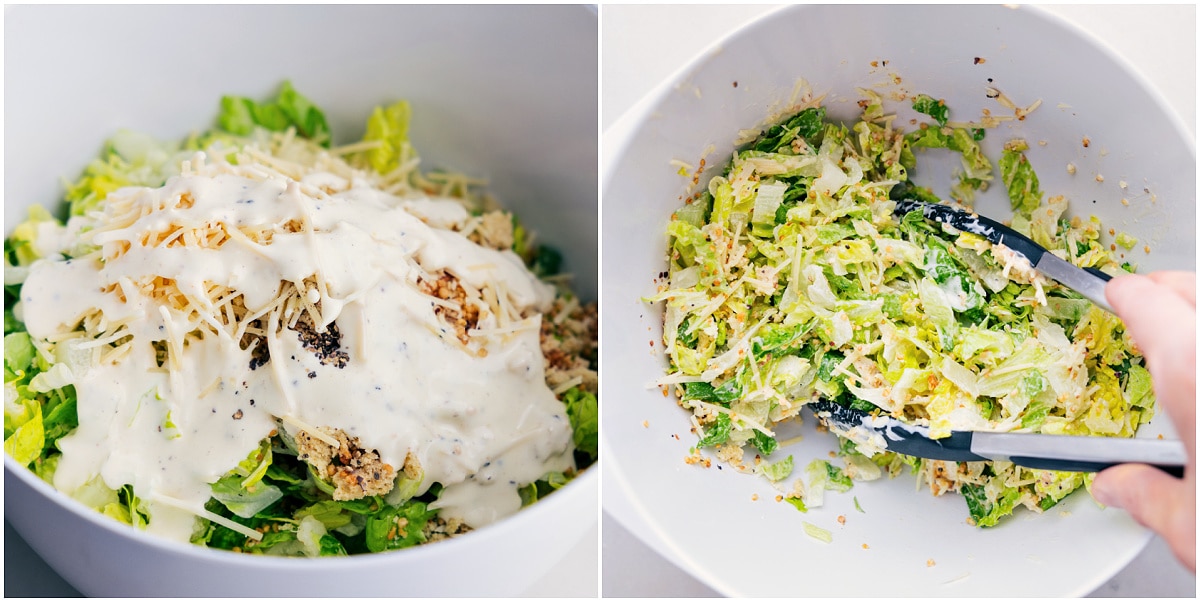 Mixing together the caesar salad for these Chicken Caesar Wraps.