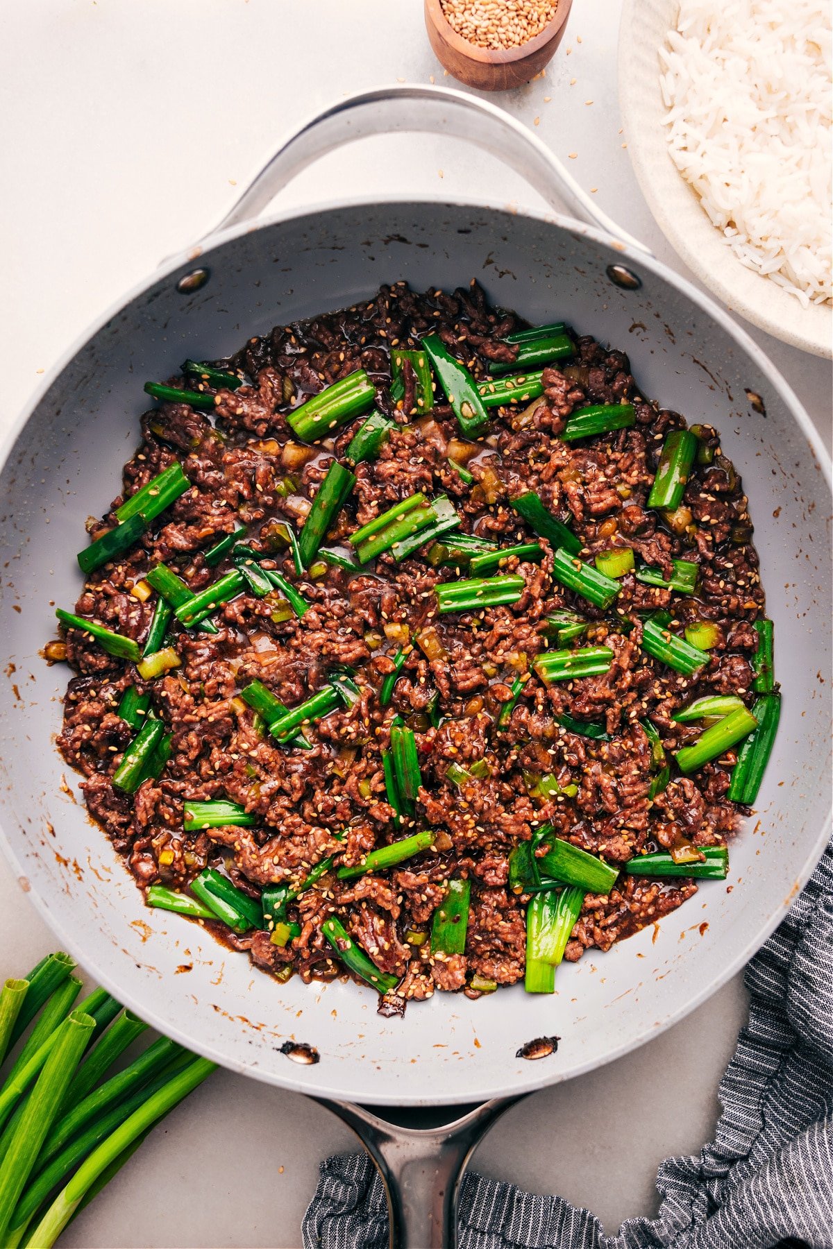 Mongolian Ground Beef in the pot, ready to serve over white rice.