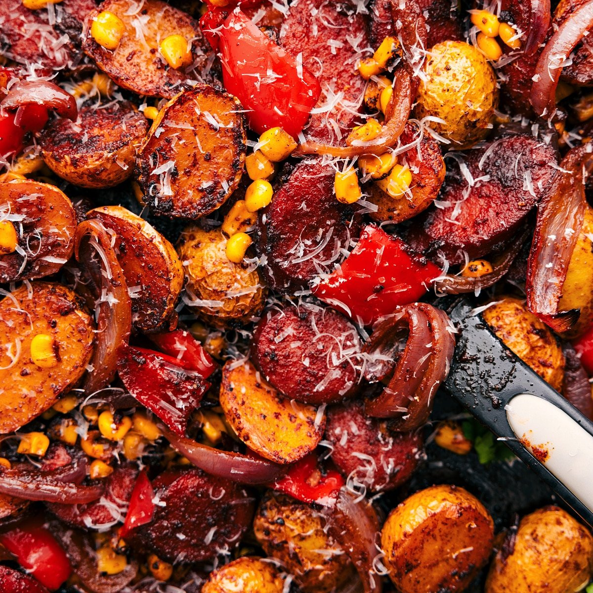 Serve and enjoy this one-skillet sausage, potatoes, and corn!