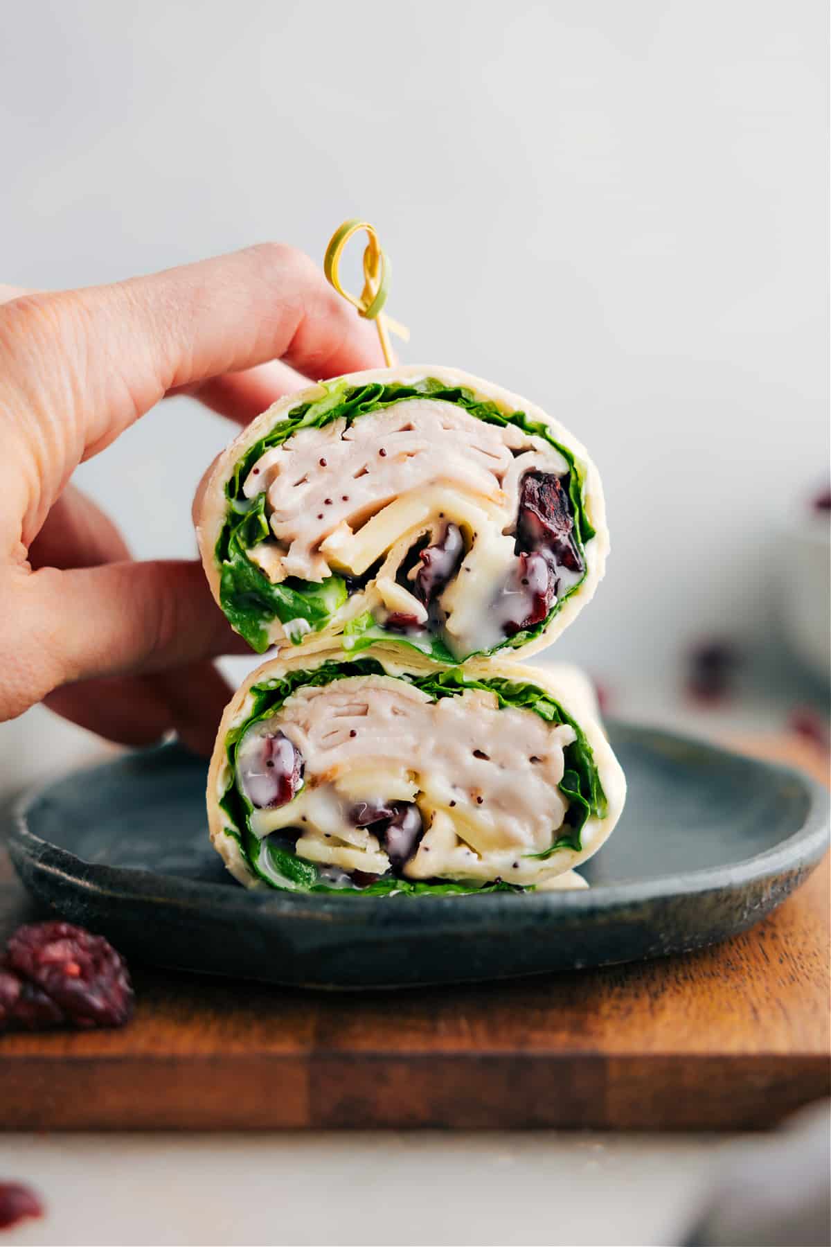 The turkey cranberry wraps stacked on top of each other ready to be enjoyed.
