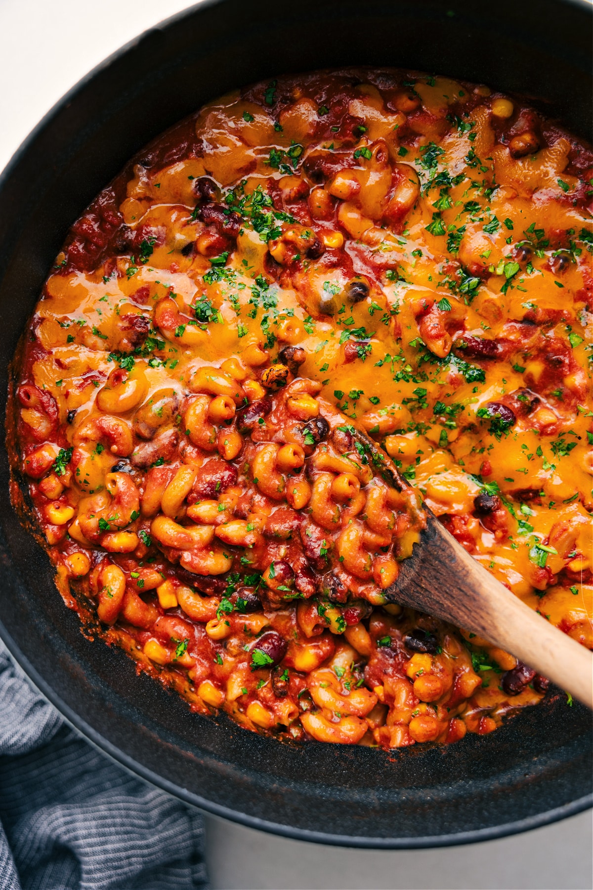 Vegetarian Chili Mac in the pot ready to be served up and enjoyed.