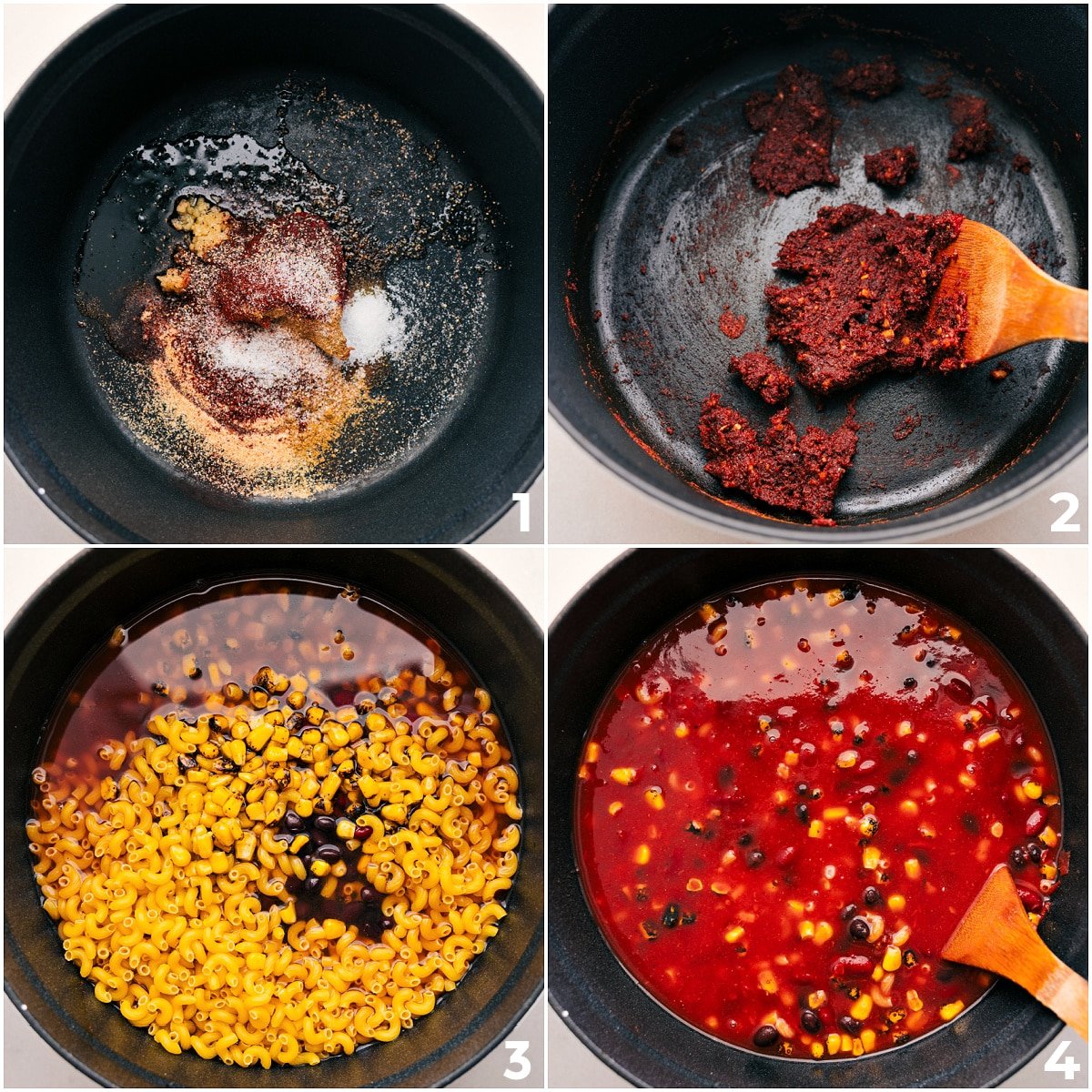 Sautéing the spices and tomato paste, then cooking the broth, beans, corn, and noodles for this vegetarian chili mac.