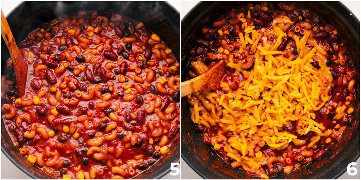 The pasta being cooked and cheese being mixed in.