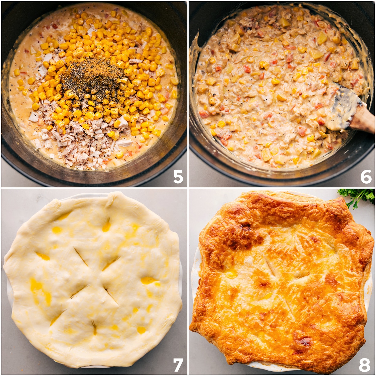 Mix corn, chicken, cheese, and bacon, then pour into pie dish. Top with puff pastry, brush with egg, cut slits, and bake. Let cool before serving.