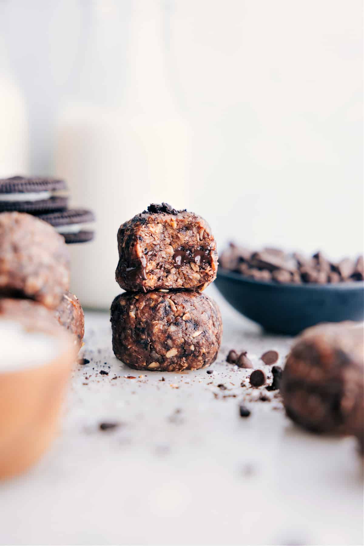 The high-protein cookies and cream oreo bites stacked on top of each other ready to be your new favorite snack.