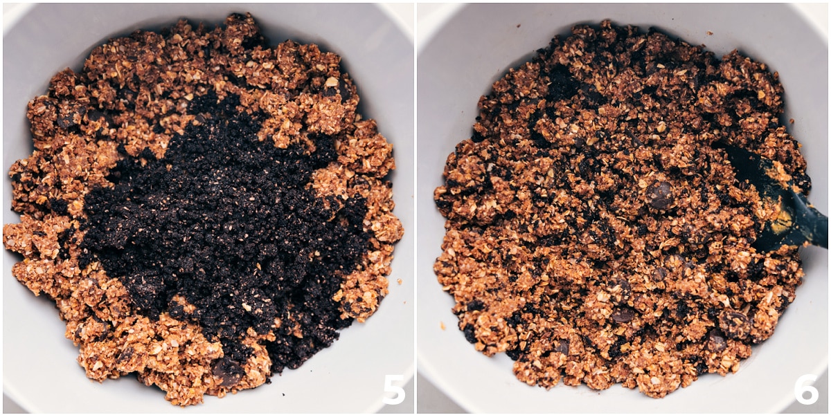 The oreo crumble part being mixed into the base ingredients for these cookies and cream energy bites.