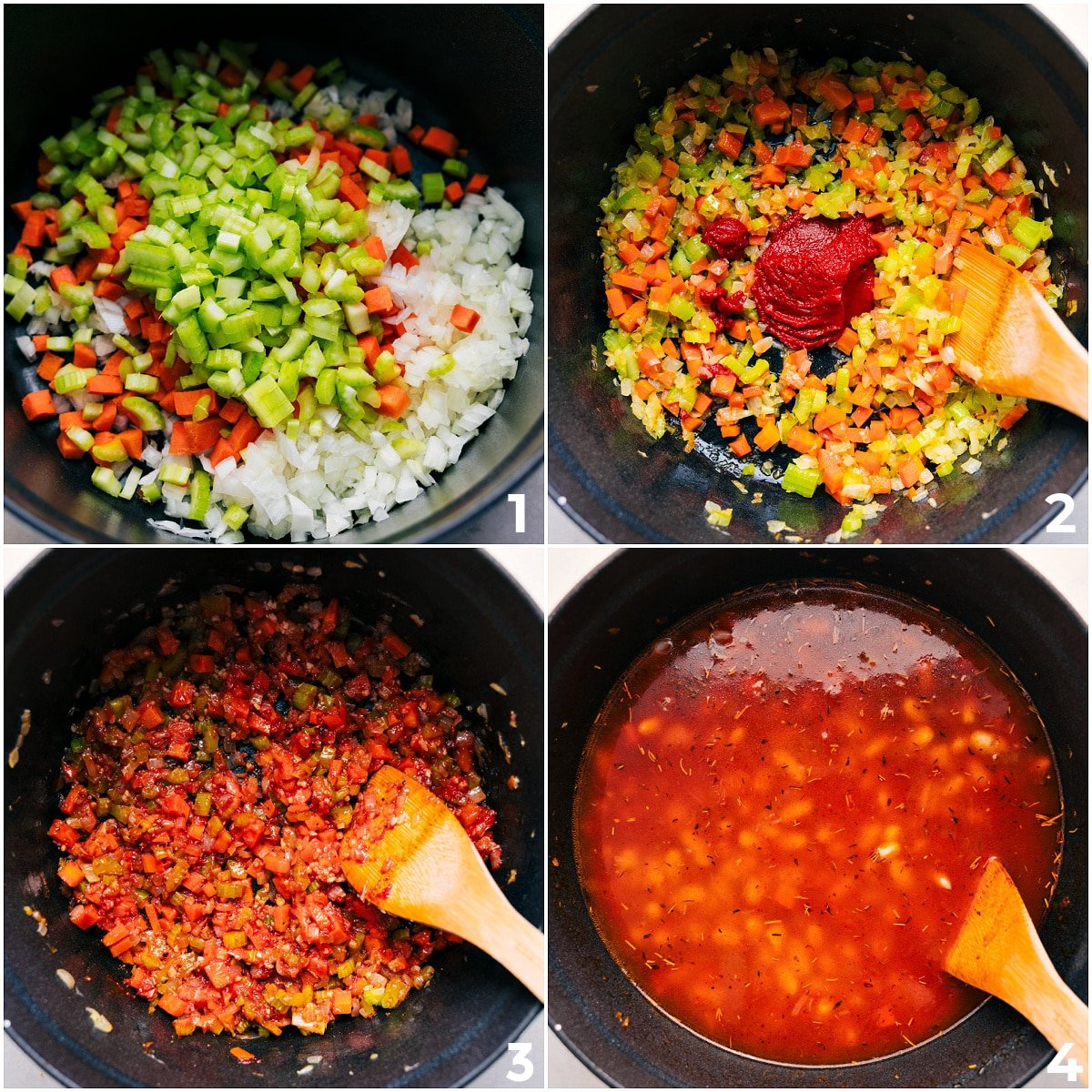 Sautéing veggies, then adding tomato paste, broth, and beans to the pot to simmer together for this White Bean Soup.