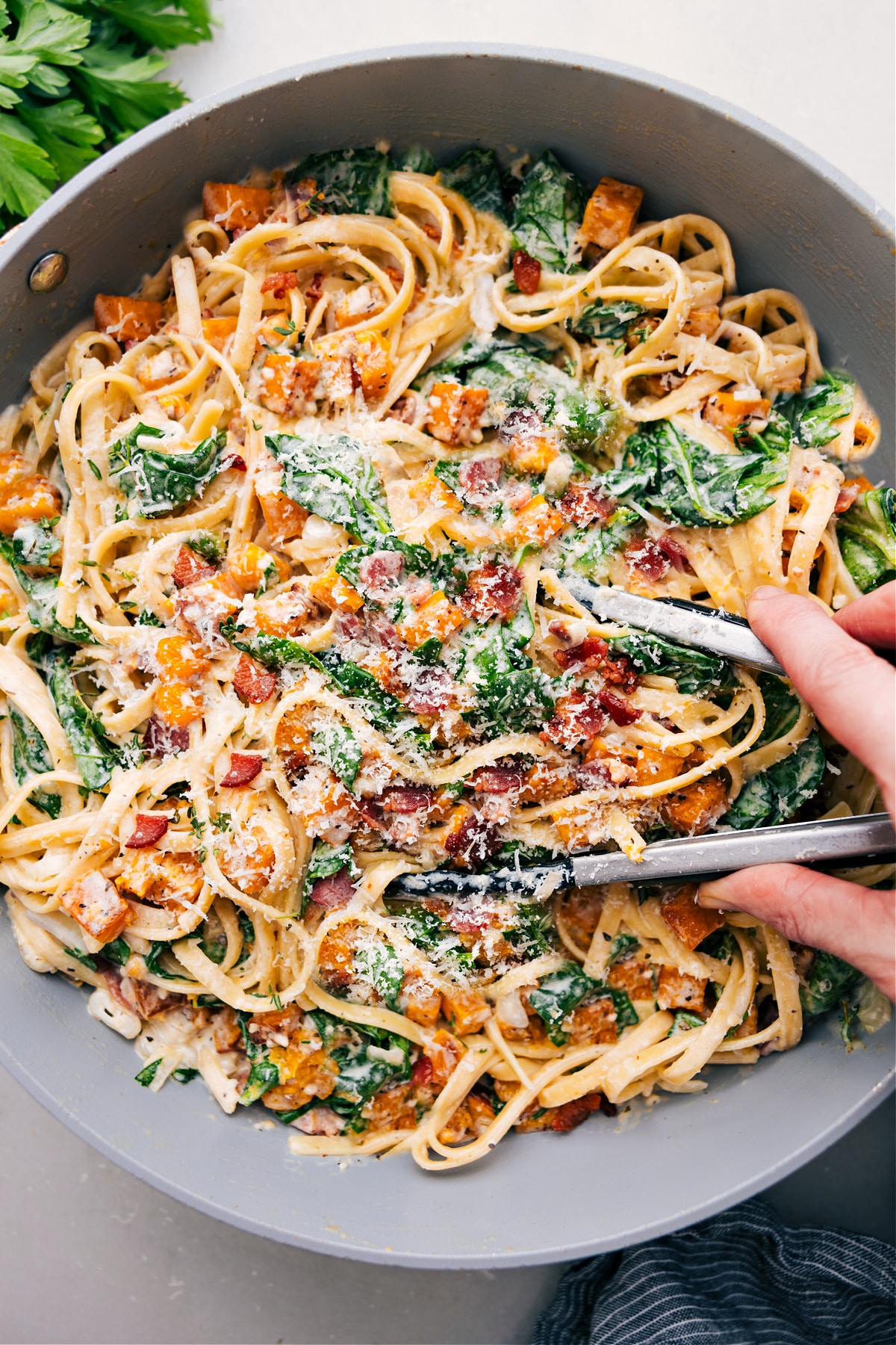 Butternut Squash Pasta, topped with parmesan and served right from the pot!