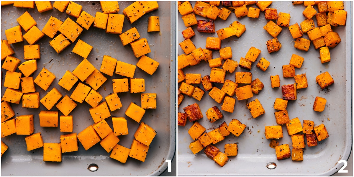 Roast the butternut squash on a sheet pan for this butternut squash pasta.