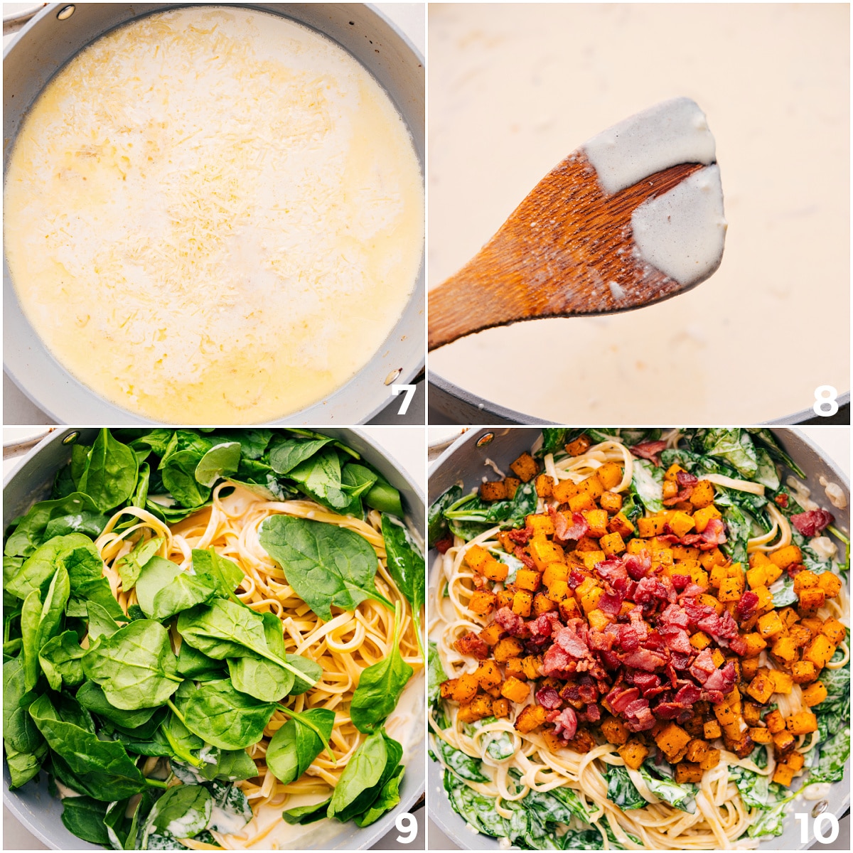 Make the creamy sauce and toss in the fettuccine, lettuce, squash, and bacon for this butternut squash pasta.