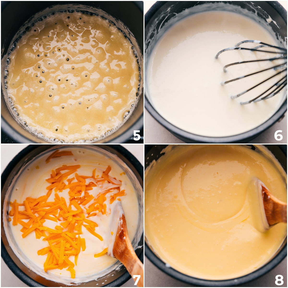 The cream sauce whisked together in a pot.