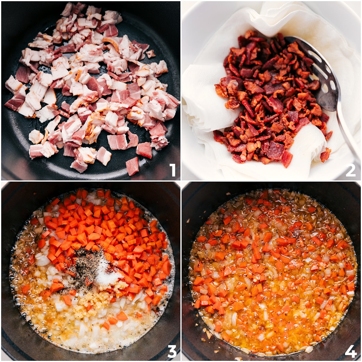 Brown the bacon in the pot, then sauté the veggies and seasonings.