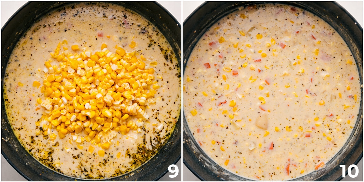 Add the fresh corn to the corn chowder and mix it together.