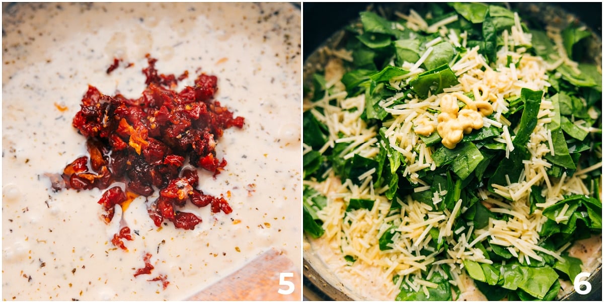 The tomatoes, cheese, and spinach being added to the cream sauce.