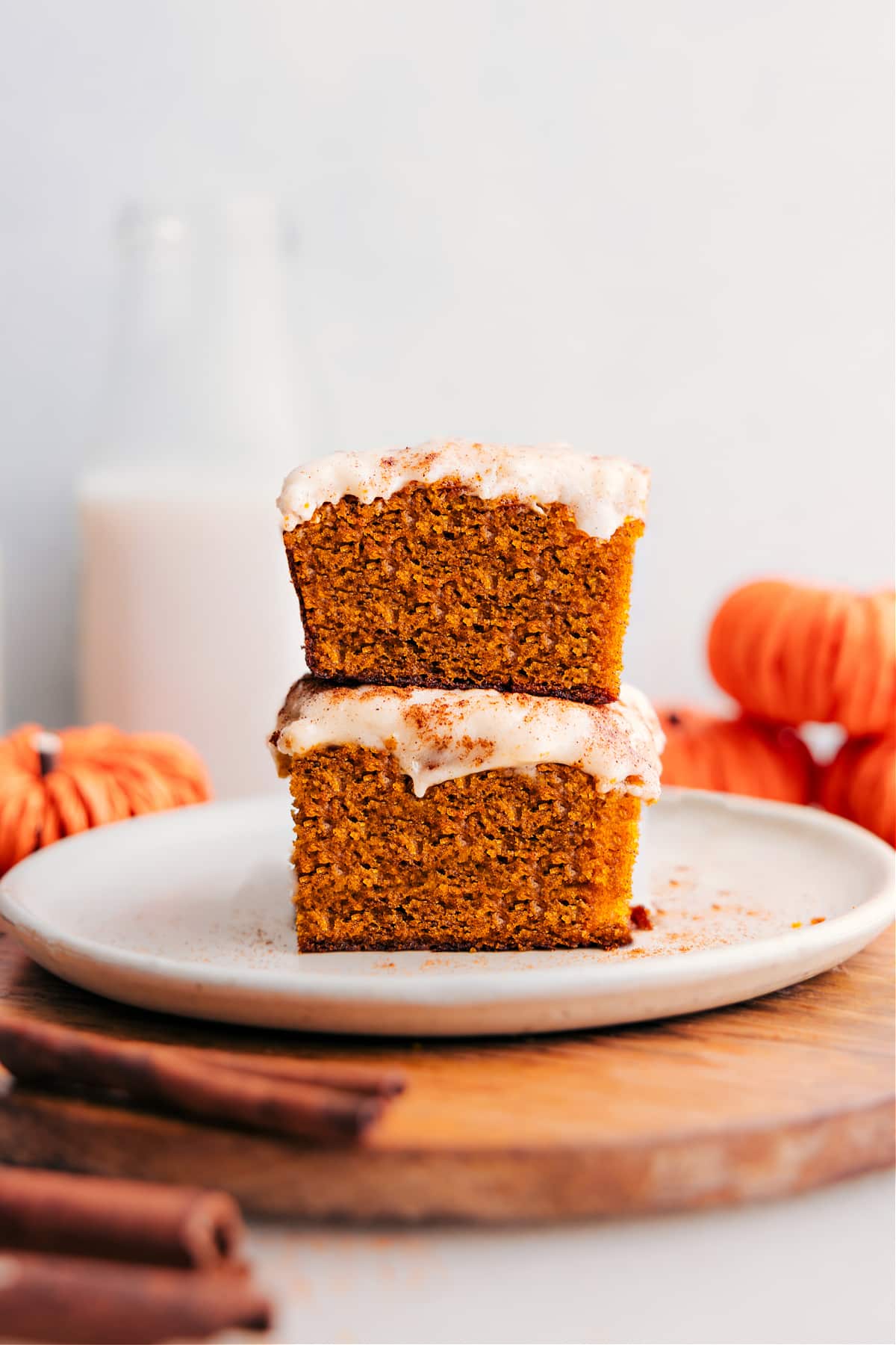 Pumpkin Bars stacked on top of each other.