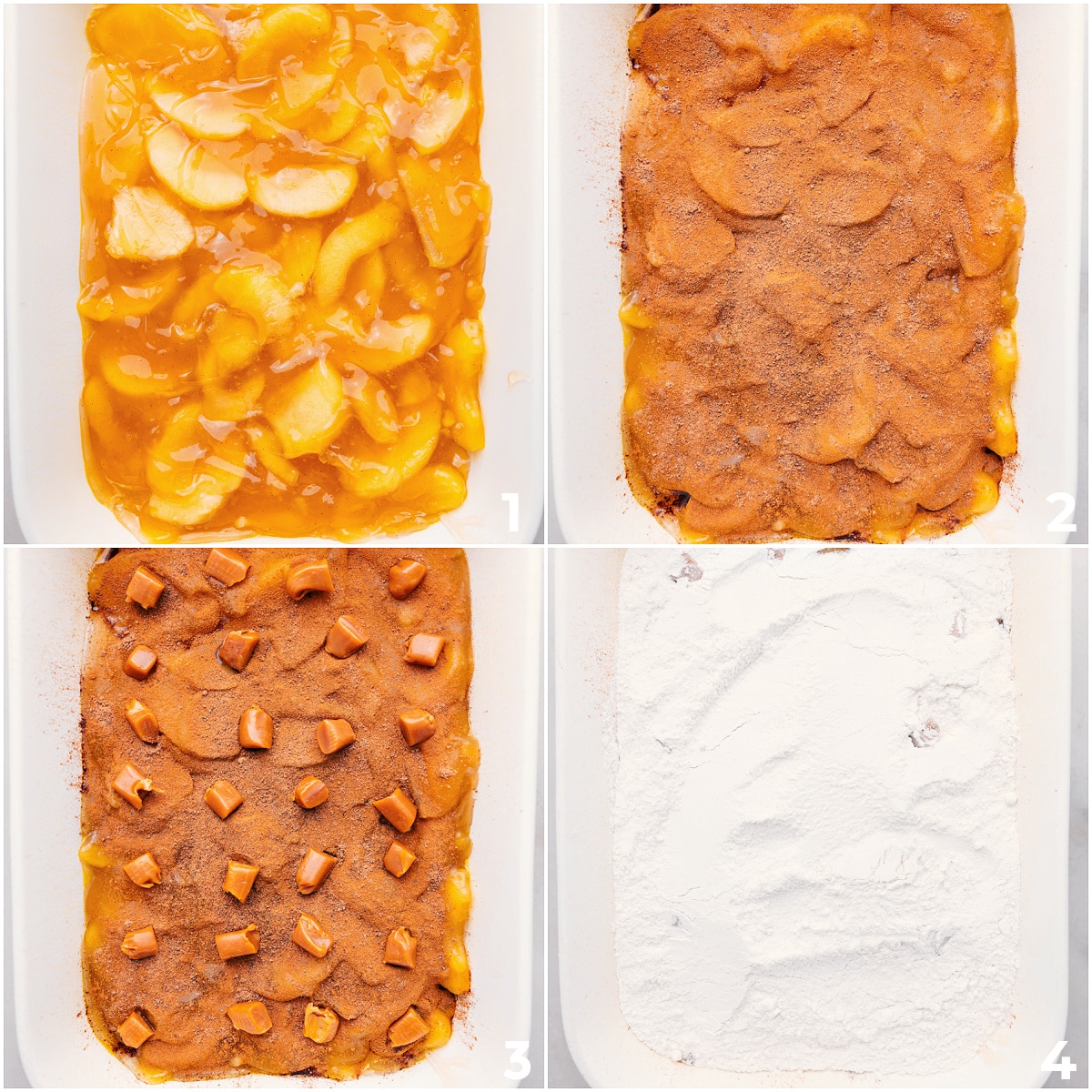 Layer the apple pie filling first, then add the cake mix, spices, and caramels into the 9x13 pan.