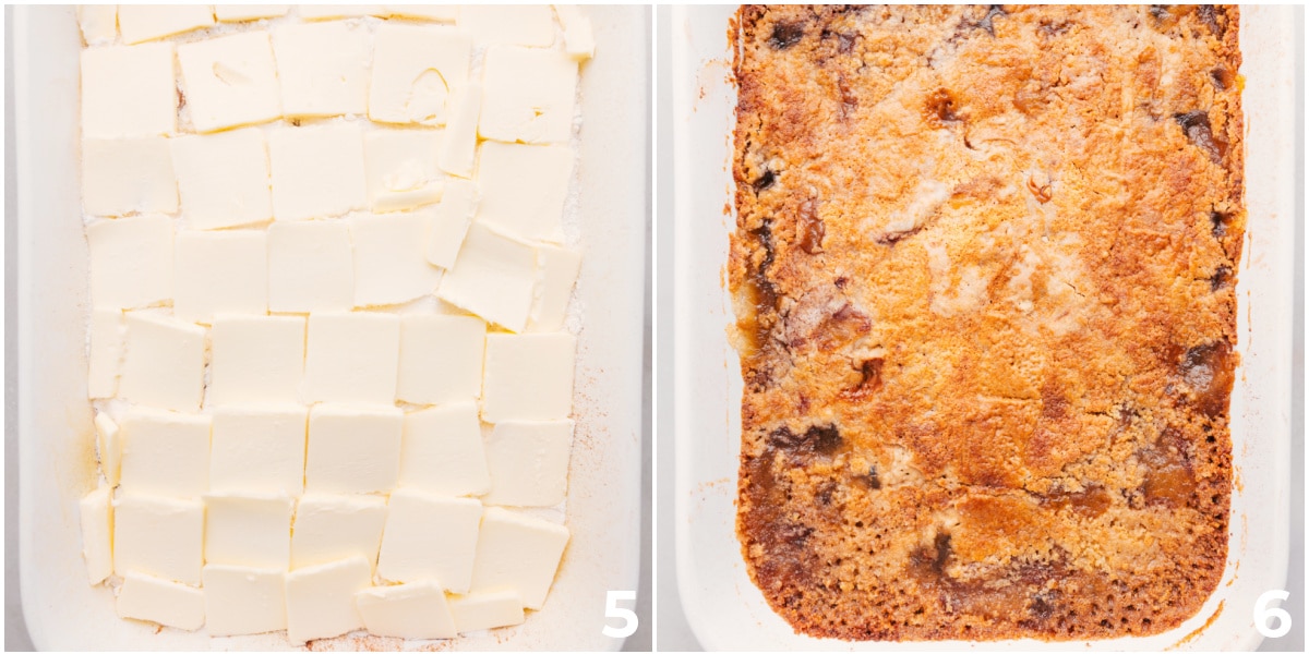 Butter being thinly sliced on top of the dish and it all being baked.