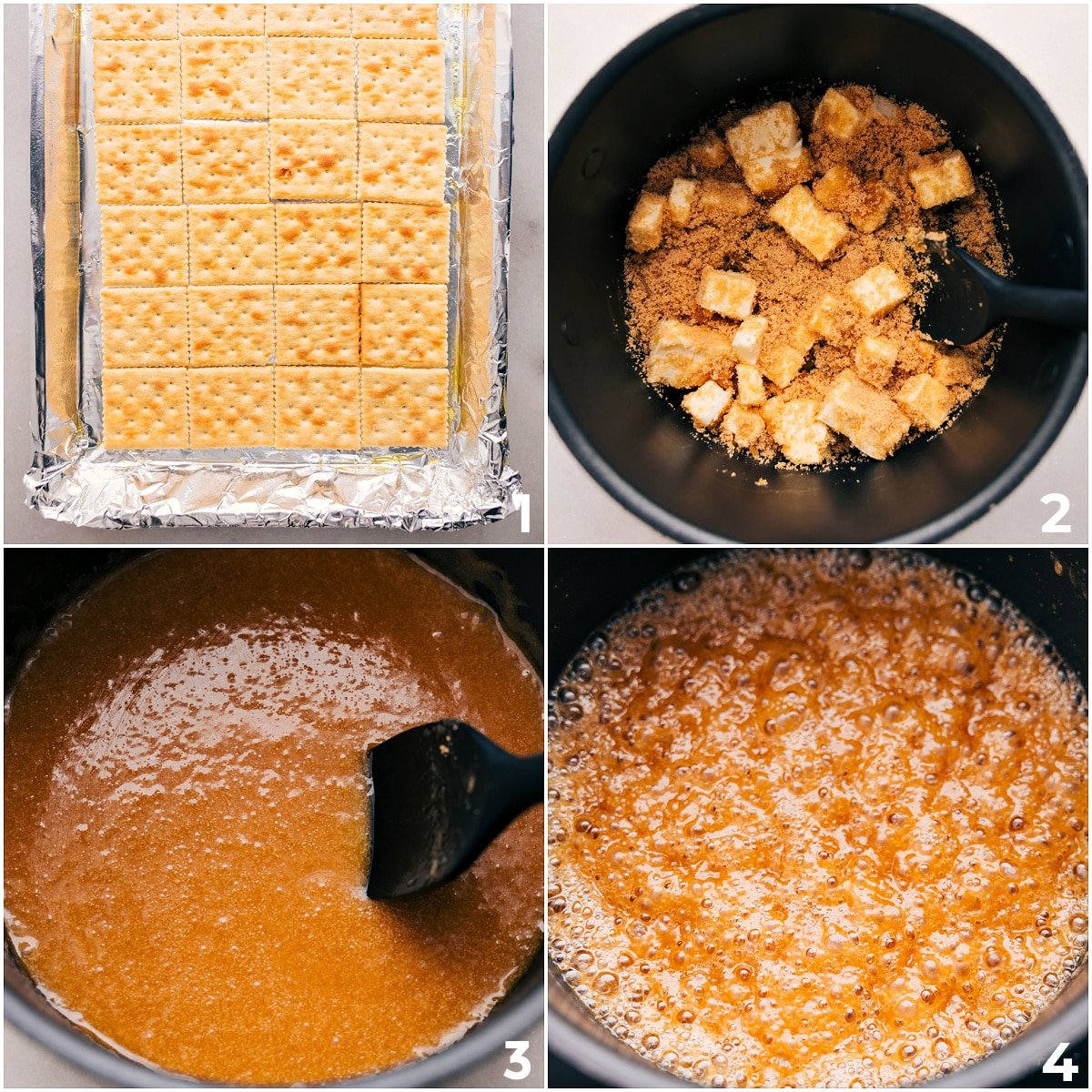 Saltines are laid out on a foil-lined sheet pan while brown sugar and butter boil together for Christmas crack.