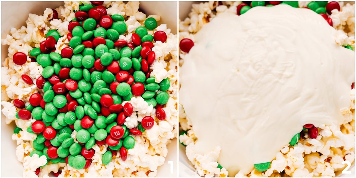 Pour M&Ms and white chocolate over the popcorn to make this Christmas popcorn.