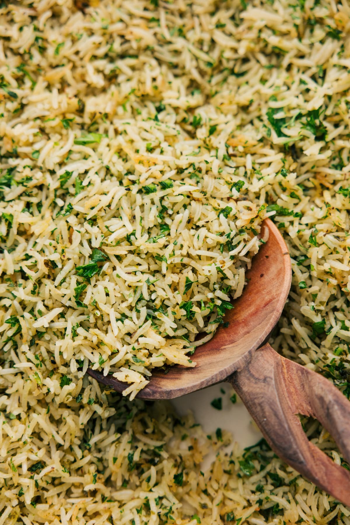 Fluffy and perfect herb rice right out of the oven.