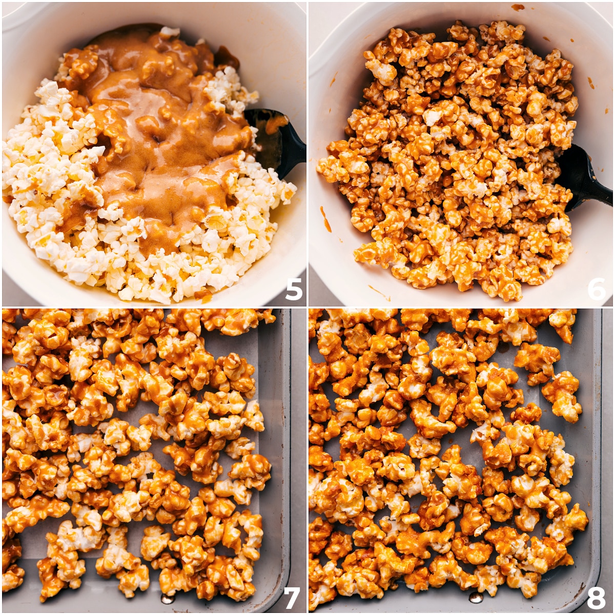 The caramel sauce being mixed in with the popcorn and it being spread on a sheet pan to bake.