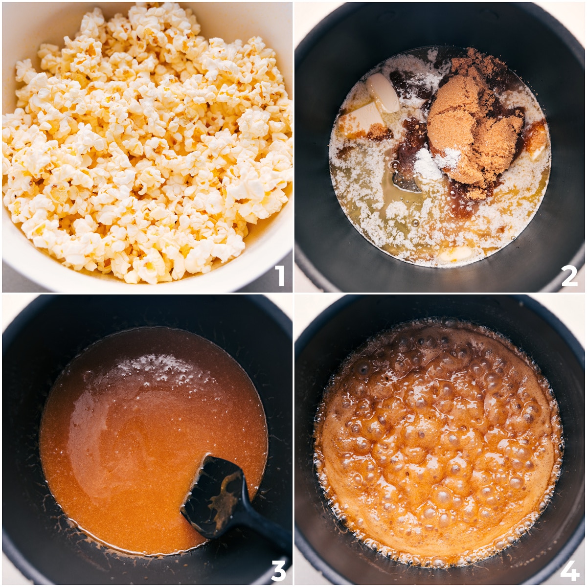 Popping popcorn while mixing and simmering the caramel layer in a pot for this zebra popcorn.