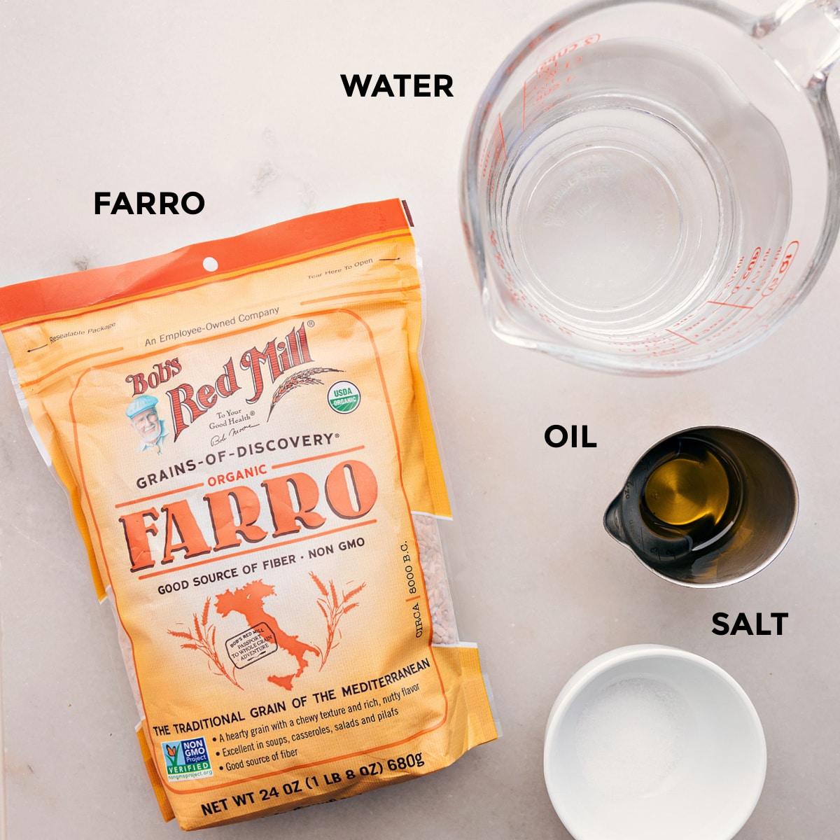 This recipe uses four simple ingredients: farro, water, oil, and salt.