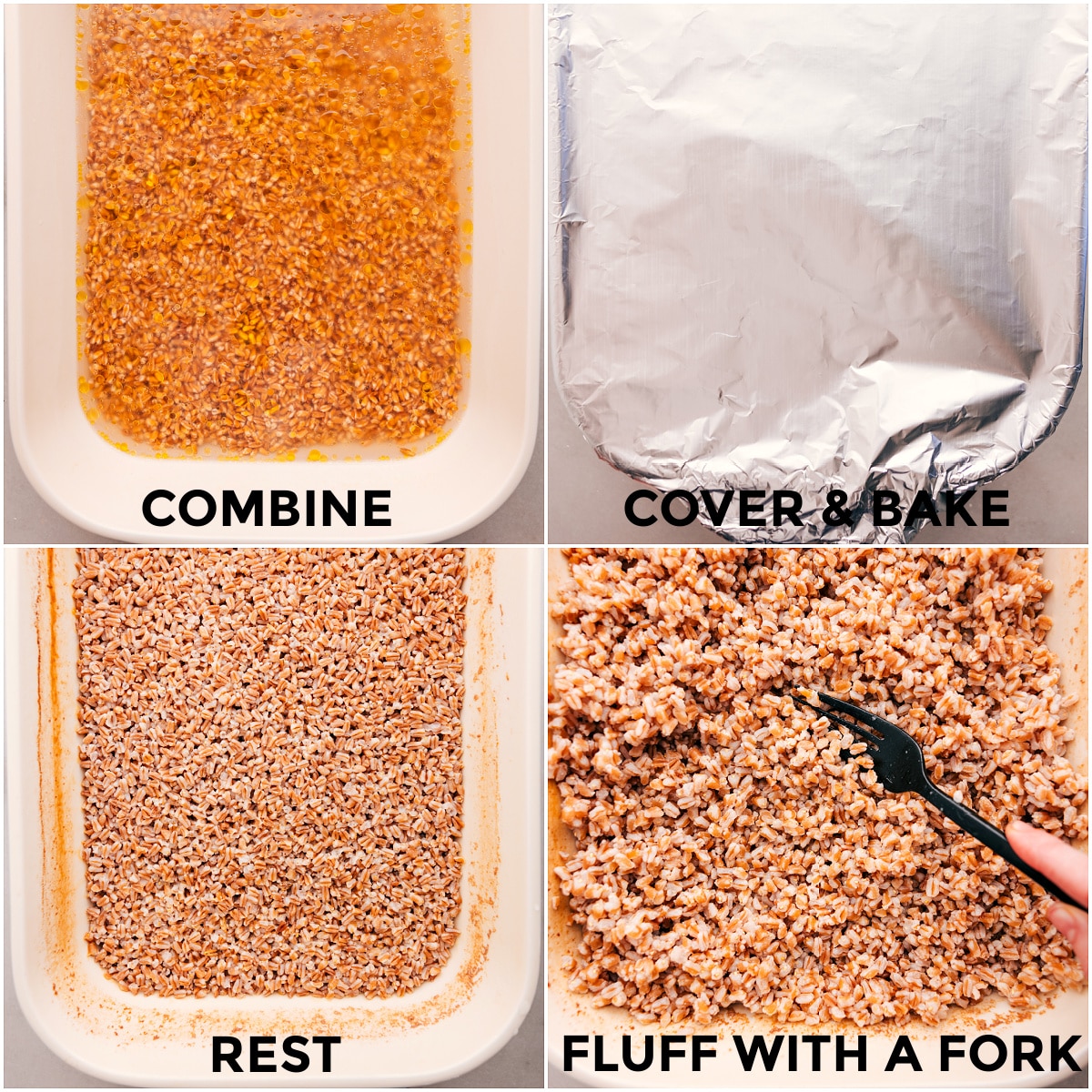 Learn how to cook farro by combining all the ingredients in a pan, baking them, and fluffing the farro once it’s out of the oven.