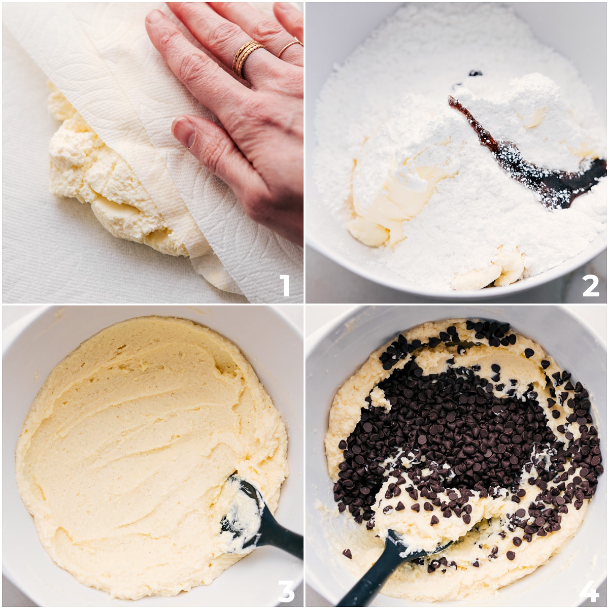 Patting dry the ricotta/mascarpone then adding all the ingredients into a bowl and mixing it together for this cannoli dip recipe.