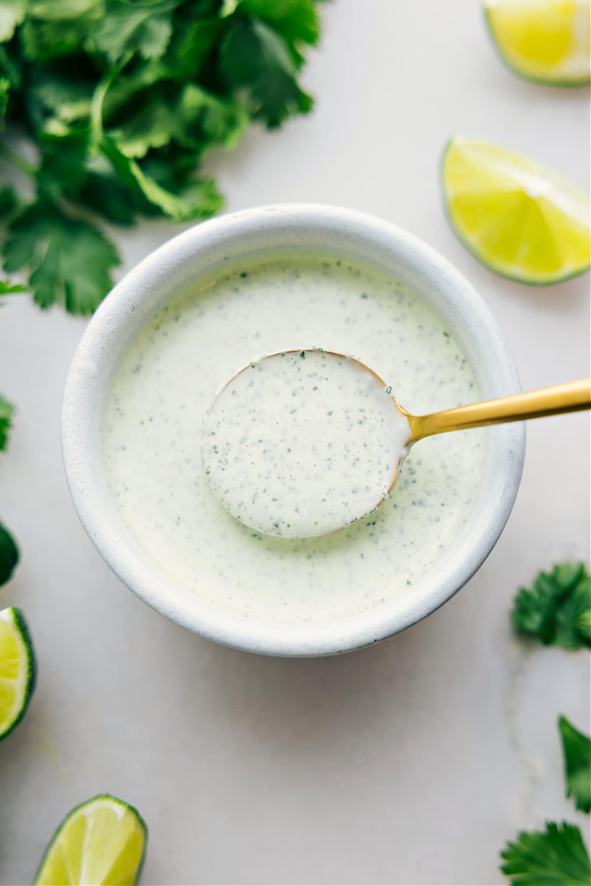 Cilantro Lime Sauce in a bowl with a spoonful coming up.