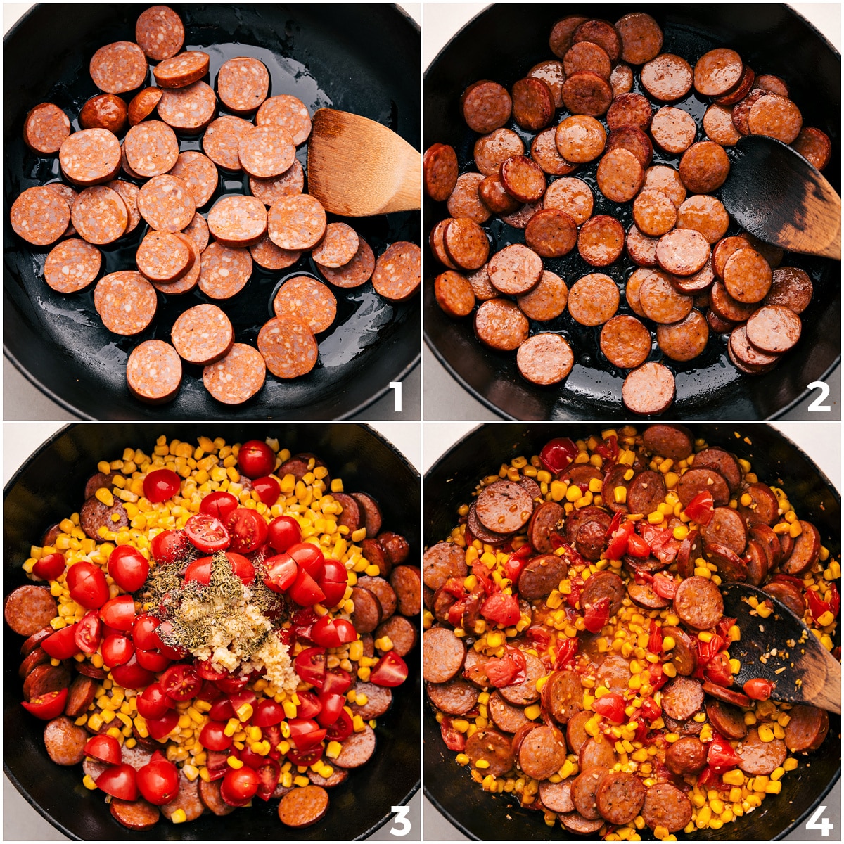 Brown sausage in a skillet, then add corn, tomatoes, seasonings, and garlic.