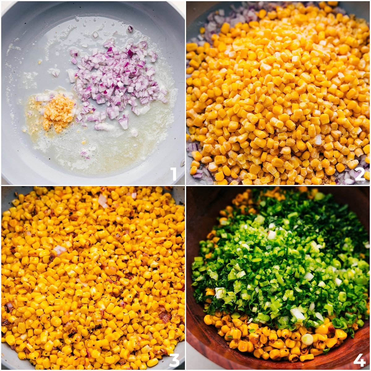 The garlic, onions, and corn being sautéed in a pan and the herbs being added on top of it right off the stove.