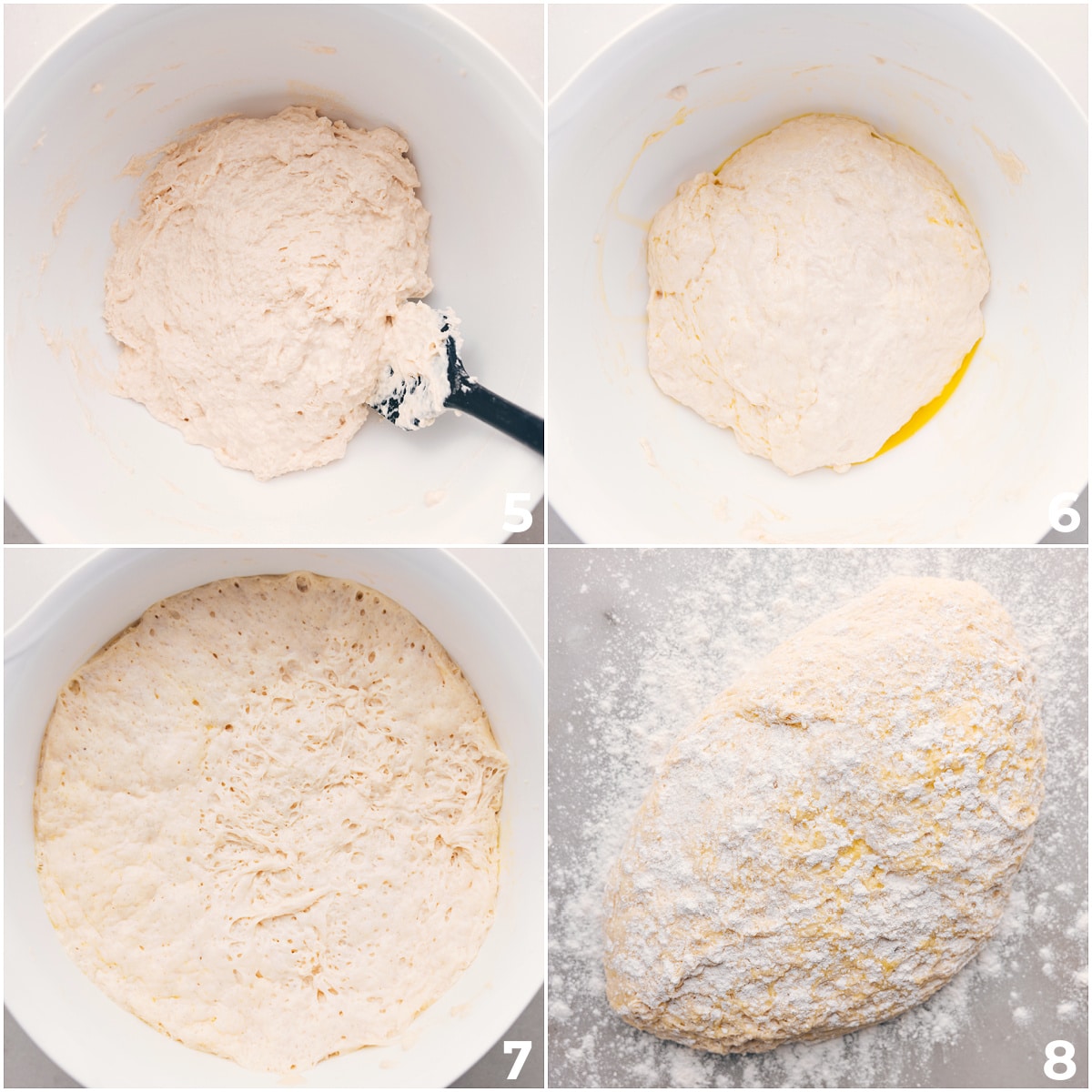 Let the dough rise in a bowl, then place it on a floured surface to shape for baking.