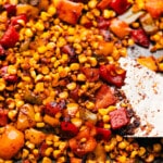 The roasted corn on a sheet pan fresh out of the oven.