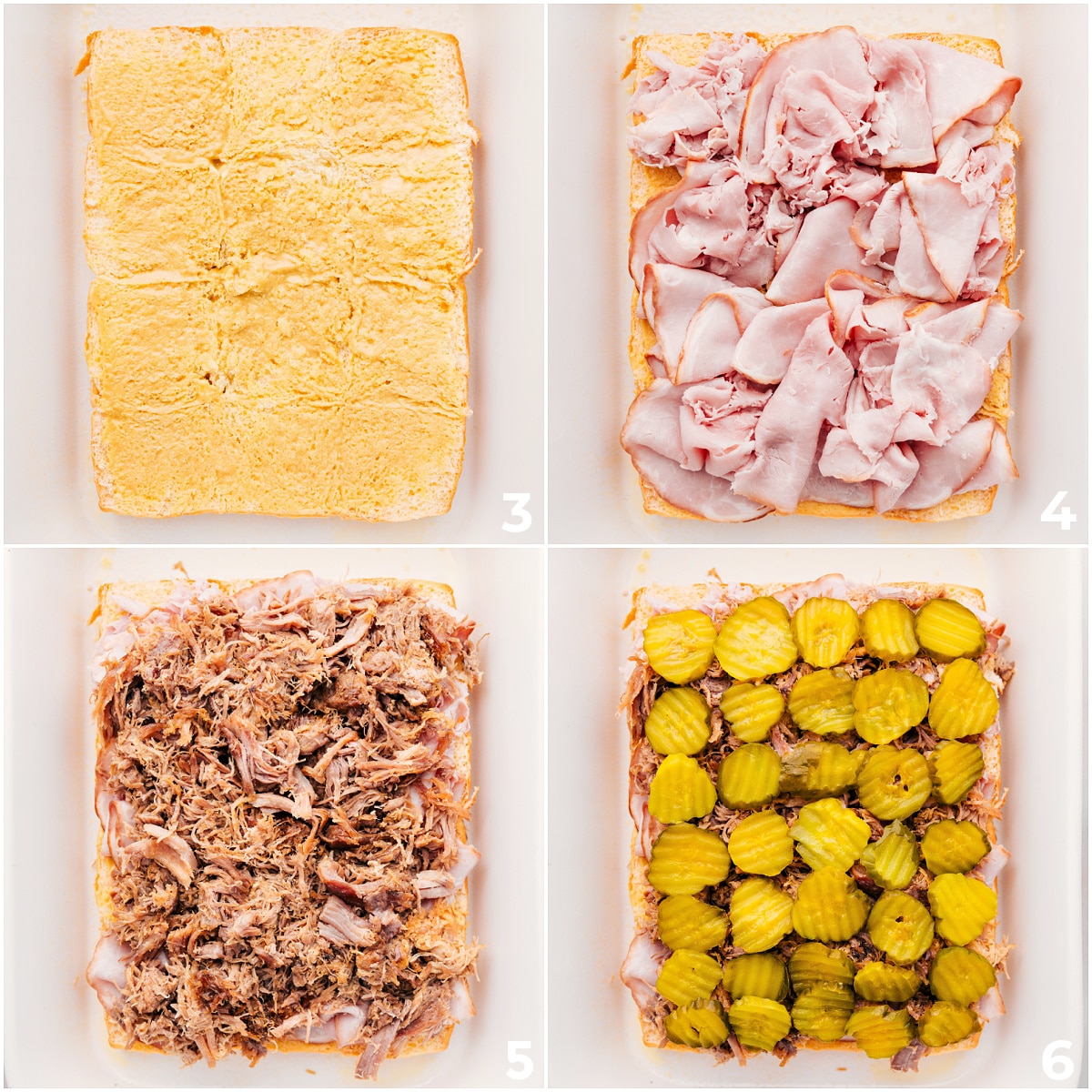 Layering on the ham, pork, and pickles on your rolls to make these simple sandwiches.