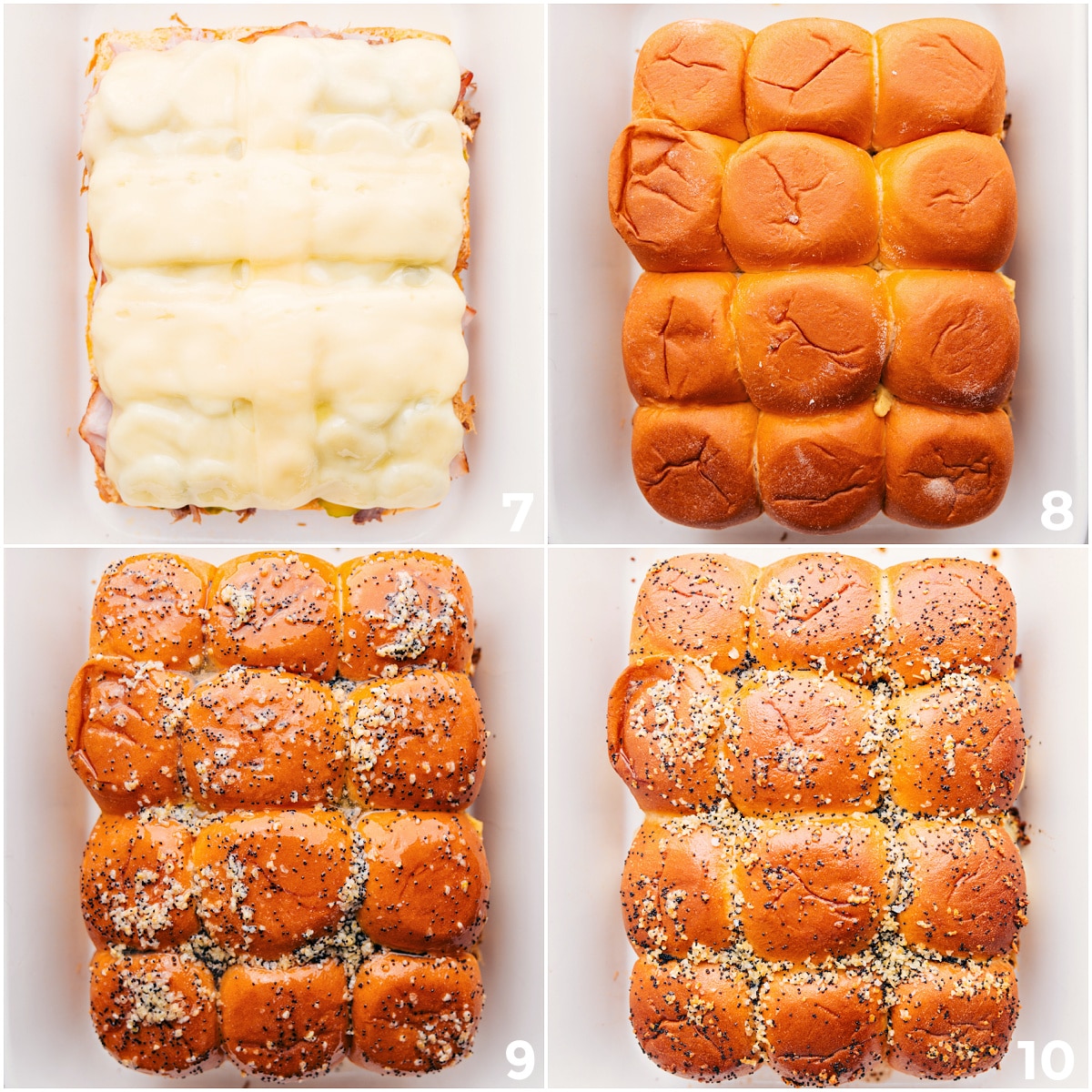 Add cheese on top of the meat layers. Place the top rolls on the cheese, then brush with the butter mixture. Bake everything until golden and bubbly for delicious Cuban sliders.