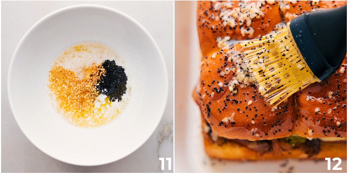 The butter topping mixture with poppy seeds being whisked together and brushed on top of the rolls.