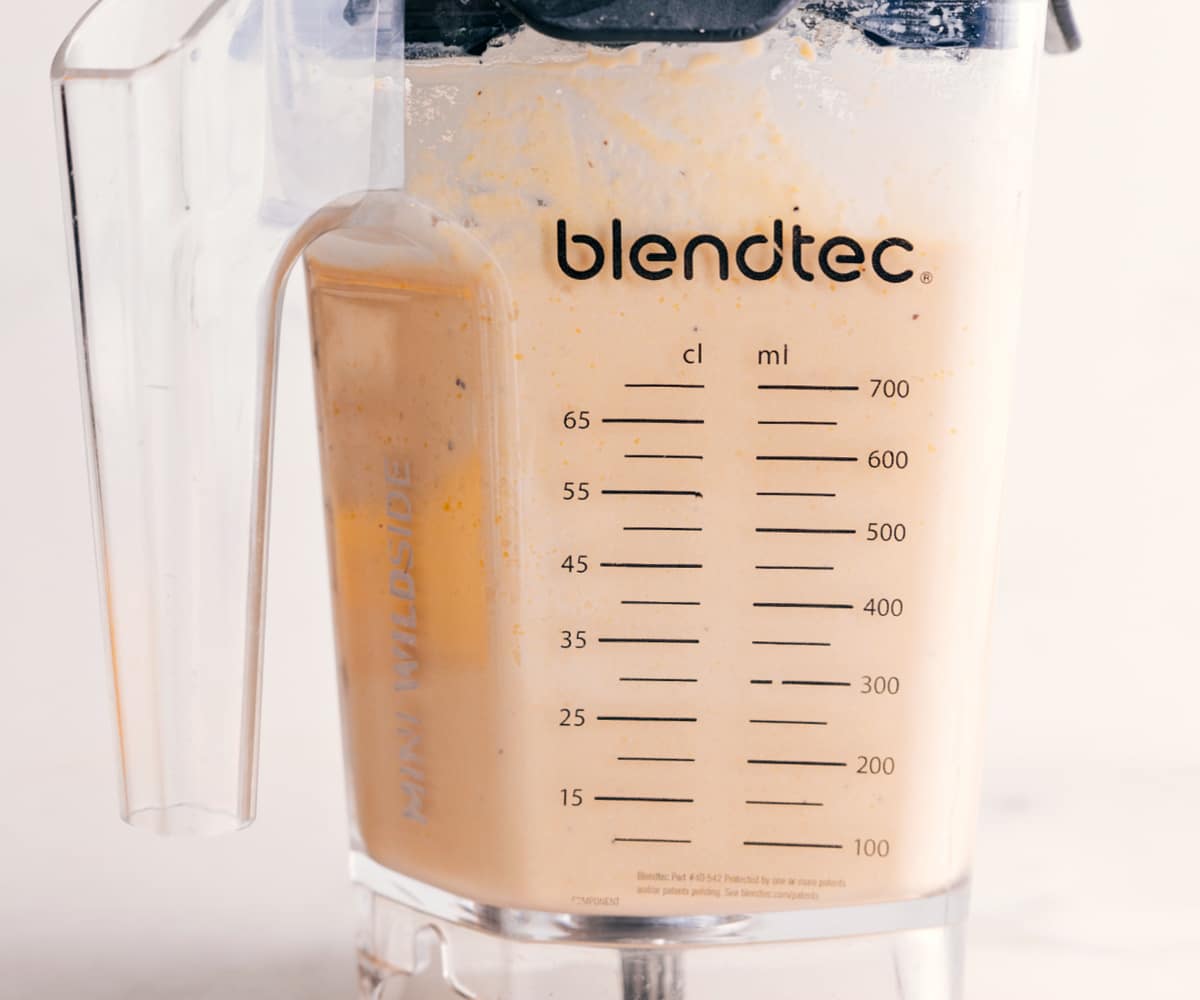 The mixture in the blender is smooth and at the right consistency.
