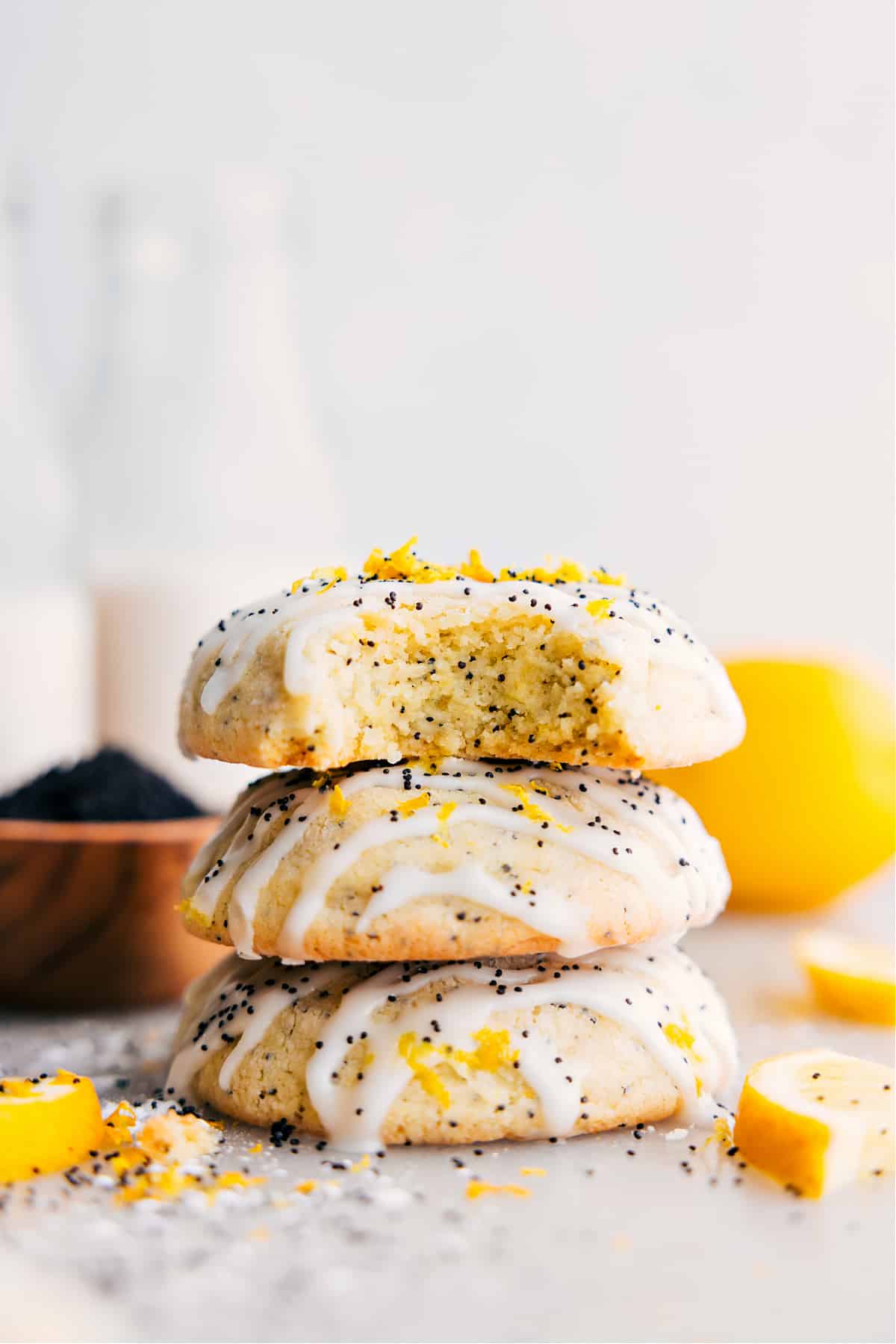 Lemon Poppy Seed Cookies stacked on top of each other ready to be enjoyed.