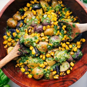 No-Mayo Potato Salad dressed and in a bowl ready to be served at your next get together.